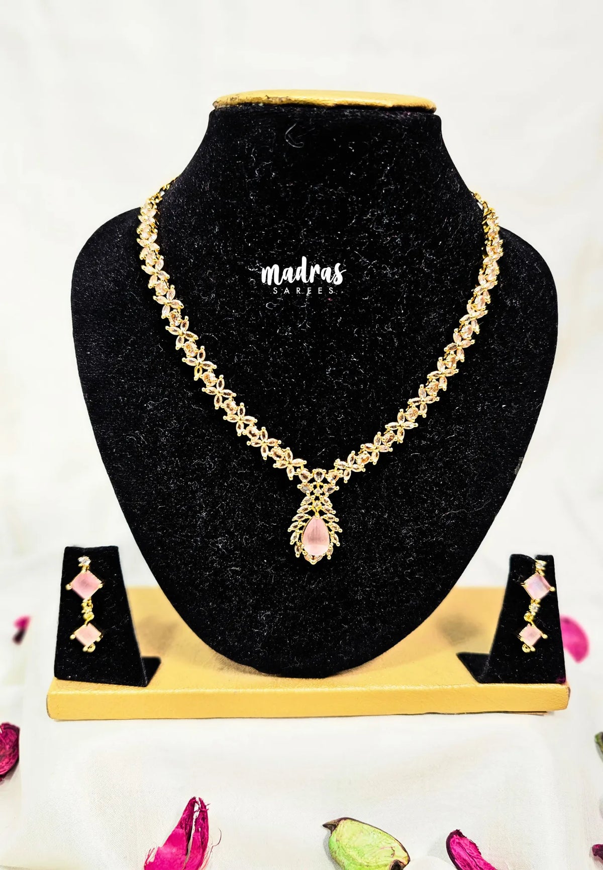 Premium 1 Gram Gold polish AD Stone Trendy Baby Pink Stone Necklace with Earrings