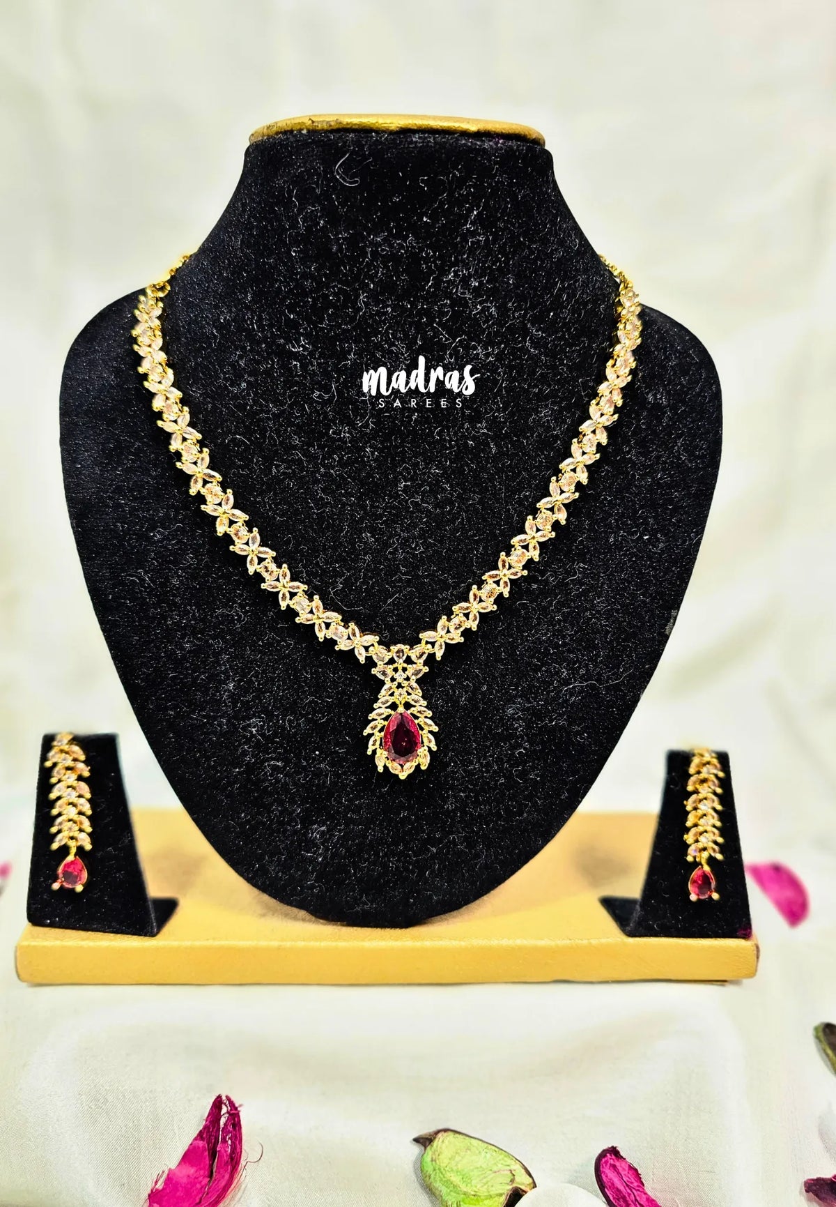 Premium 1 Gram Gold polish AD Stone Trendy Ruby Red Stone Necklace with Earrings
