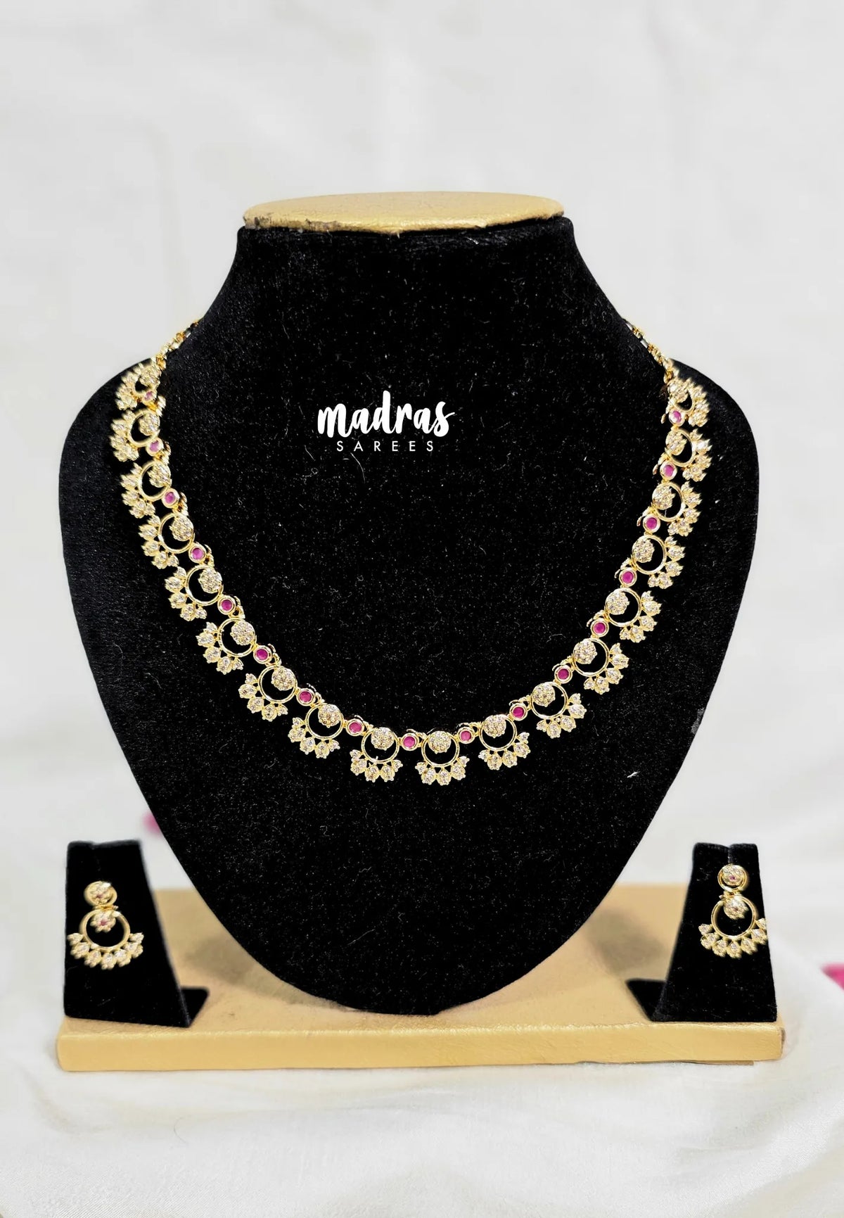 Premium 1 Gram Gold polish AD Stone Trendy Design White and Pink Stone Necklace with Earrings