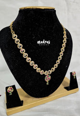 Premium 1 Gram Gold polish AD Stone Trendy Design White, Ruby and Green Stone Flower Pendant Necklace with Earrings