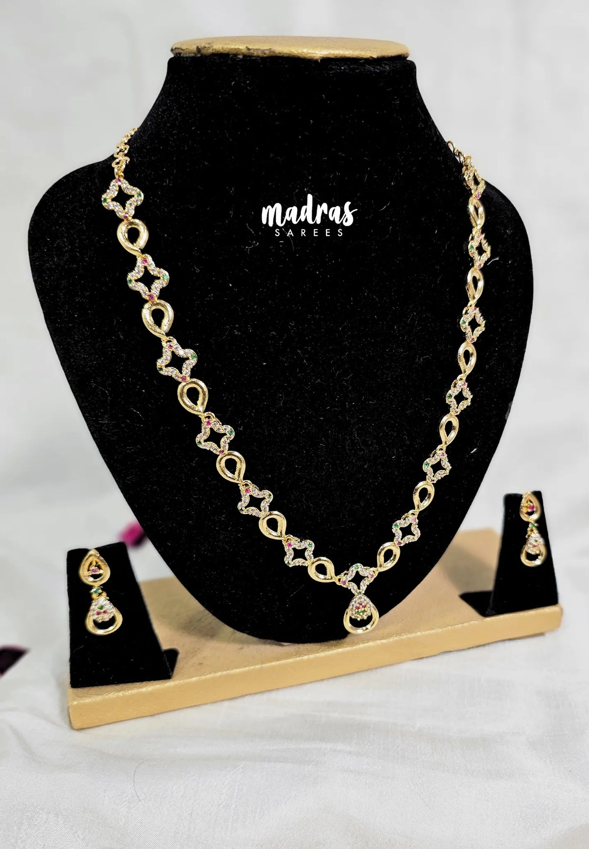 Premium 1 Gram Gold polish AD Stone Trendy Design White, Pink and Green Stone Heart Pendant Necklace with Earrings