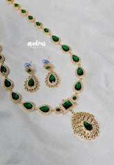 Premium 1 Gram Gold polish AD Stone Trendy Jyothika Inspired Emerald Green Necklace with Earrings