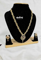 Premium 1 Gram Gold polish AD Stone Trendy Design White, Pink and Green Stone Necklace with Earrings