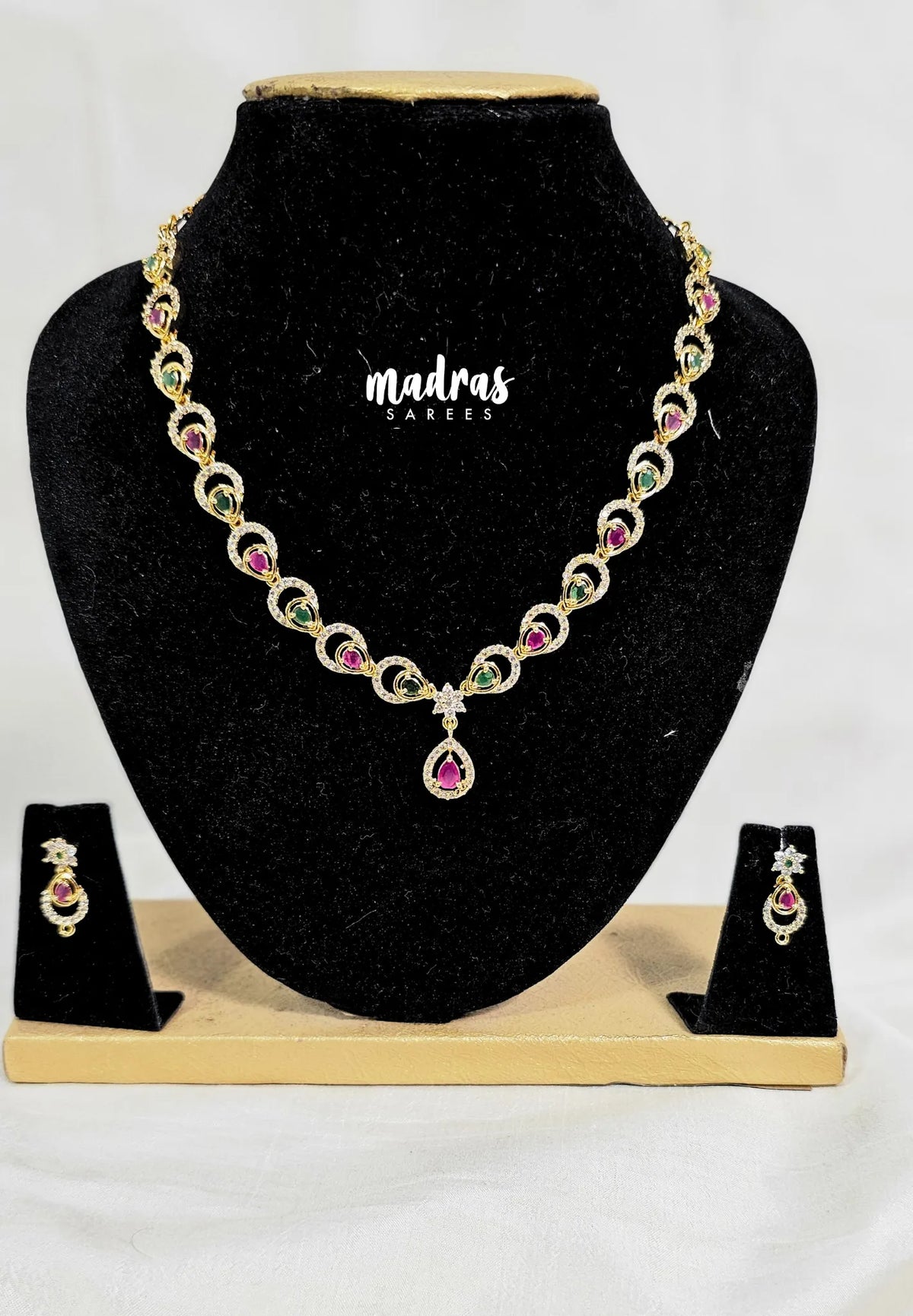 Premium 1 Gram Gold polish AD Stone Trendy Design White, Ruby and Green Stone Ruby Pendant Necklace with Earrings