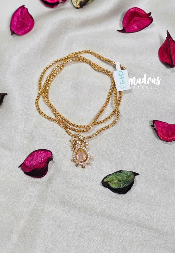 Premium 1 Gram Gold polish AD Stone Trendy Pendant with Baby Pink Stone Long Chain