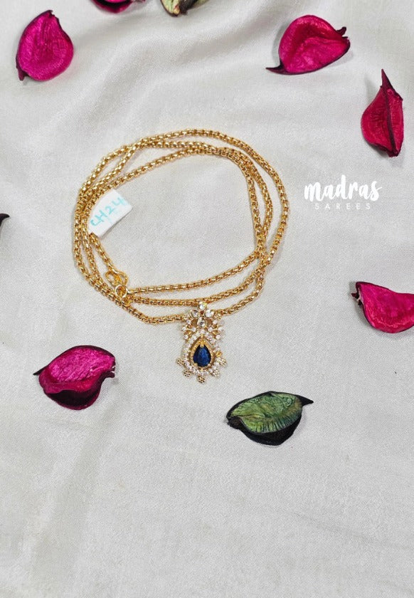 Premium 1 Gram Gold polish AD Stone Trendy Pendant with Midnight Blue Stone Long Chain