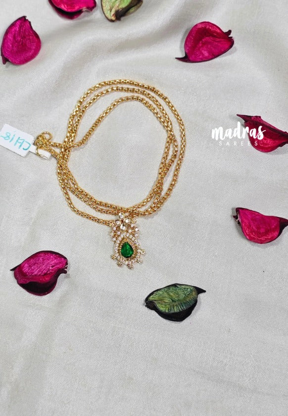 Premium 1 Gram Gold polish AD Stone Trendy Pendant with Emerald Green Stone Long Chain