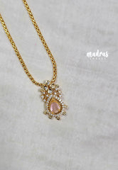 Premium 1 Gram Gold polish AD Stone Trendy Pendant with Baby Pink Stone Long Chain