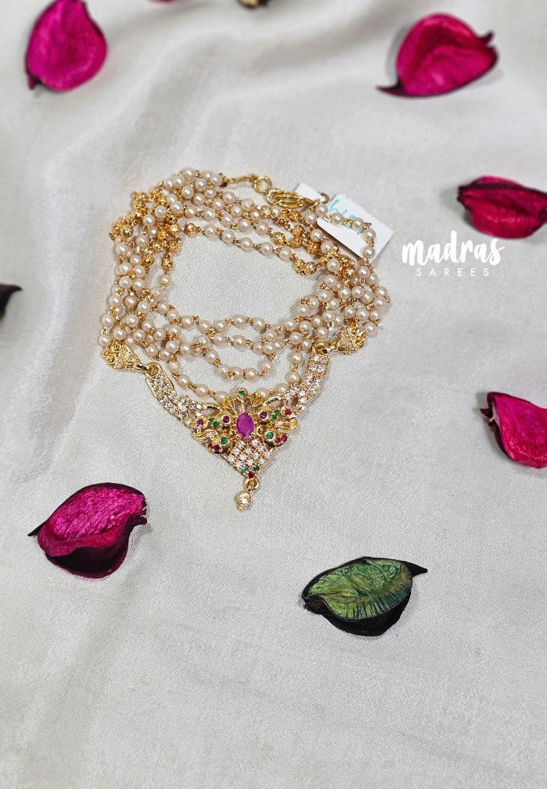Premium 1 Gram Gold polish AD Stone Trendy Green,Pink and White Stone Pendtant Pearl Mala