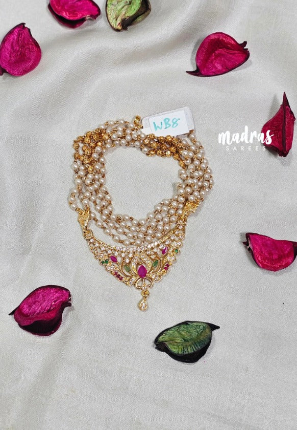 Premium 1 Gram Gold polish AD Stone Trendy Green,Pink and White Stone Pendtant Pearl Mala