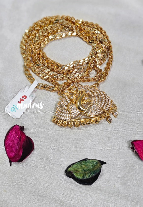 Premium 1 Gram Gold polish AD Stone Trendy 30" Long Chain White Stone Peacock Pendtant