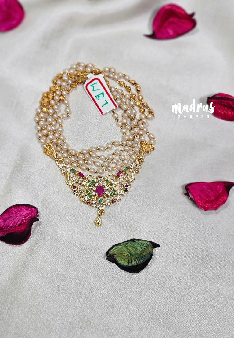 Premium 1 Gram Gold polish AD Stone Trendy Green,Pink and White Stone Pendtant Pearl Mala