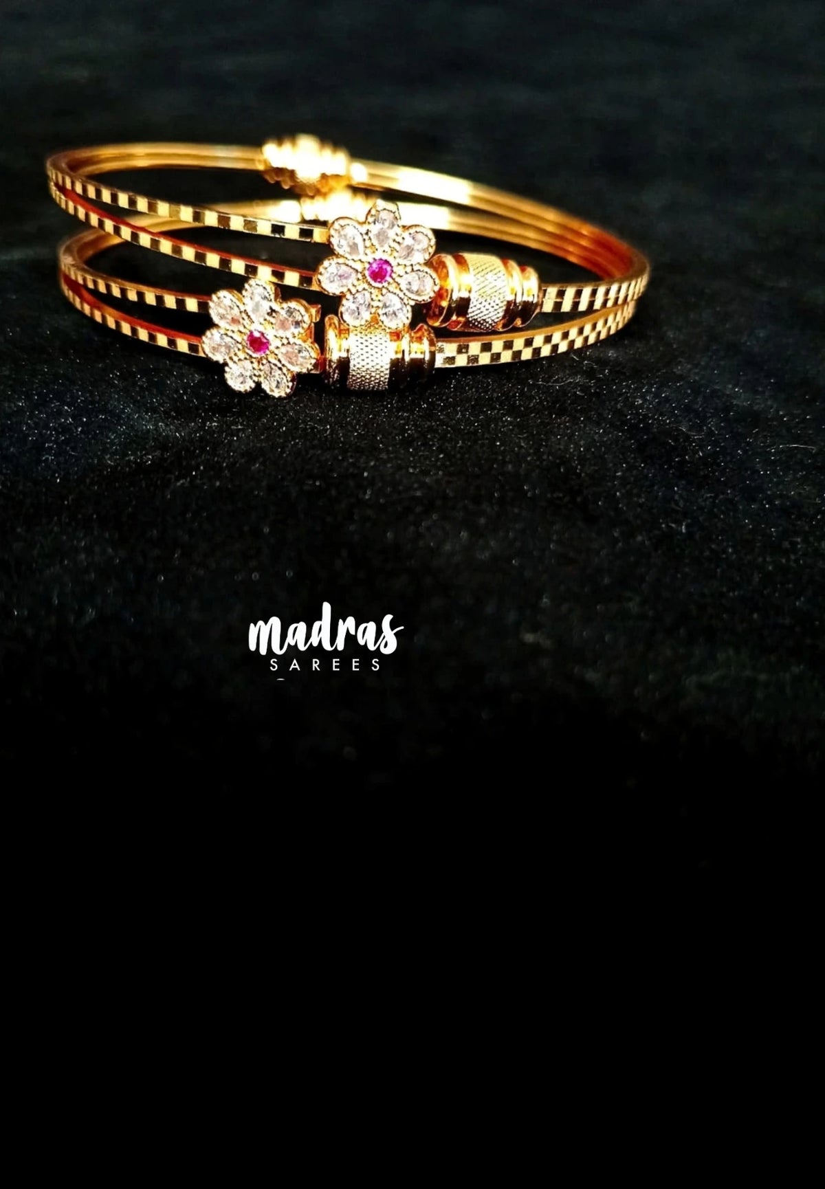 Premium 1 Gram Gold Polish Adjustable Bracelet Bangles with White & Pink Stone for Women (Set of 2)