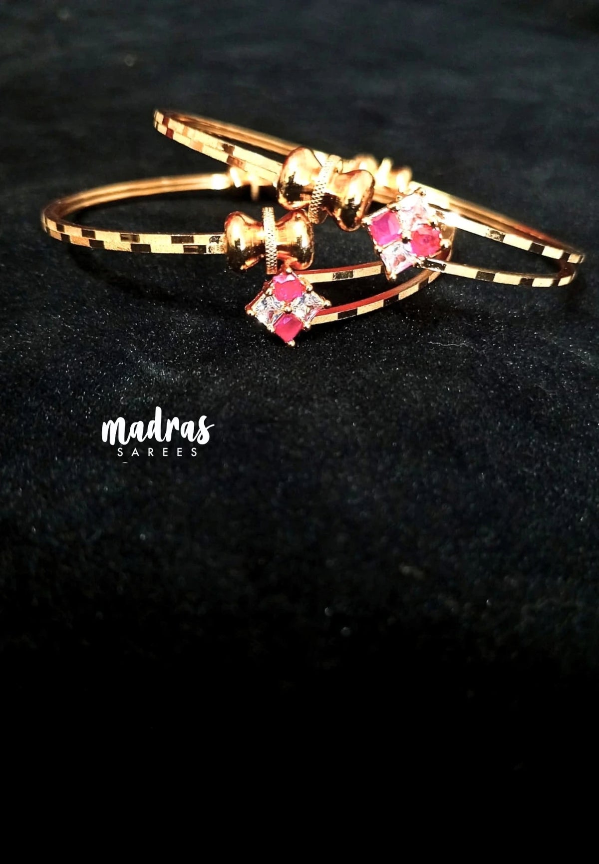 Premium 1 Gram Gold Polish Adjustable Bracelet Bangles with White & Pink Stone for Women (Set of 2)