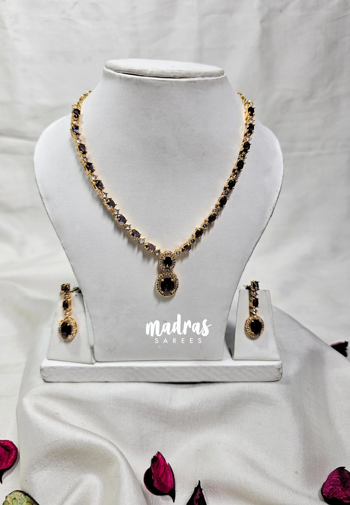 Premium 1 Gram Gold polish AD Stone Trendy Unique Design with Purple Stone Necklace and Earrings