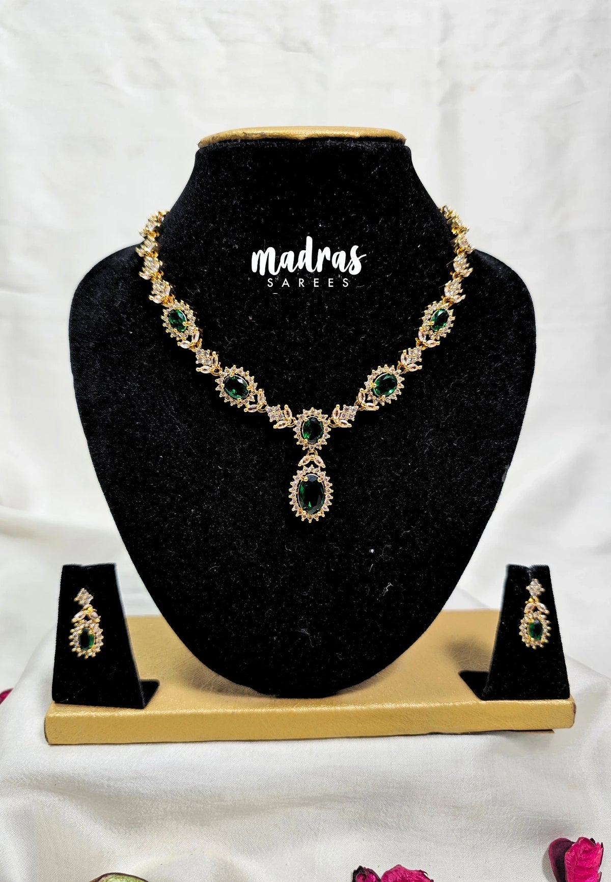 Premium 1 Gram Gold polish AD Stone Trendy Unique Design with Emerald Green Stone Necklace and Earrings