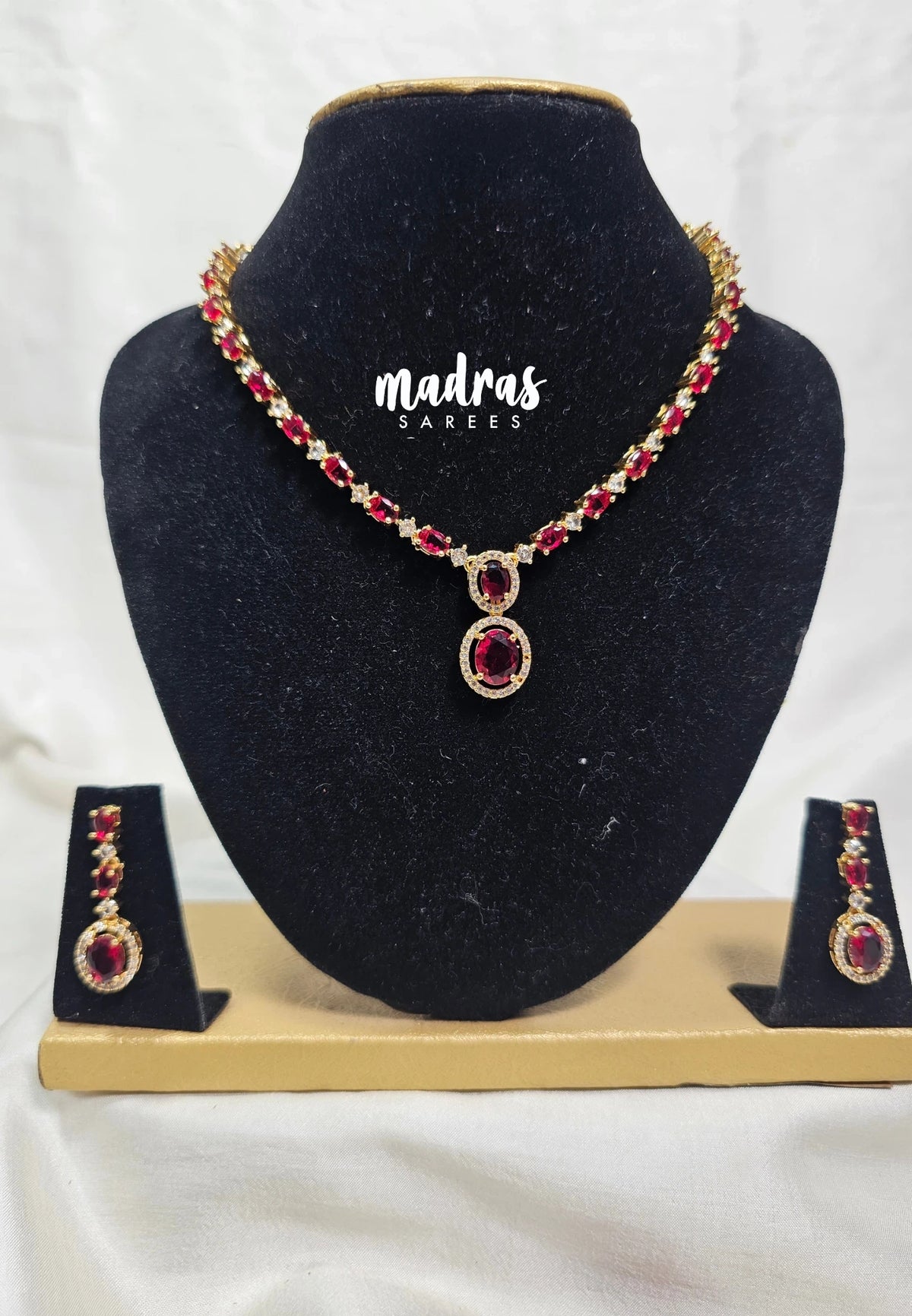 Premium 1 Gram Gold polish AD Stone Trendy Unique Design with Ruby Red Stone Necklace and Earrings