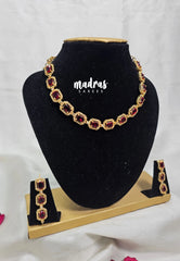 Premium 1 Gram Gold polish AD Stone Trendy Unique Design with Dark Red Stone Necklace and Earrings