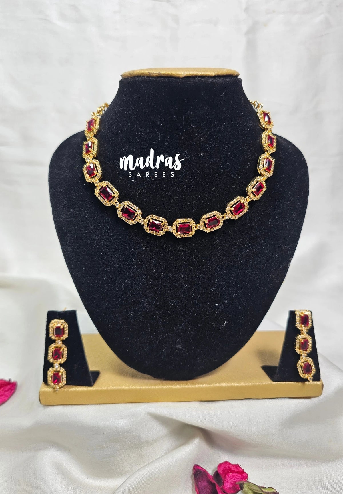 Premium 1 Gram Gold polish AD Stone Trendy Unique Design with Dark Red Stone Necklace and Earrings