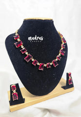 Premium 1 Gram Gold polish AD Stone Trendy Unique Design with Ruby Red Box Stone Necklace and Earrings