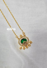 Premium 1 Gram Gold polish AD Stone Trendy Lakshmi Pendant with Emerald Green Stone Long Chain