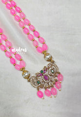 Premium 1 Gram Gold polish Trendy Layered Mala with Light Pink Beads and Pendant