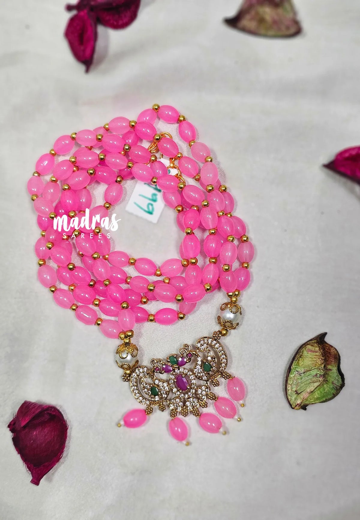 Premium 1 Gram Gold polish Trendy Layered Mala with Light Pink Beads and Pendant