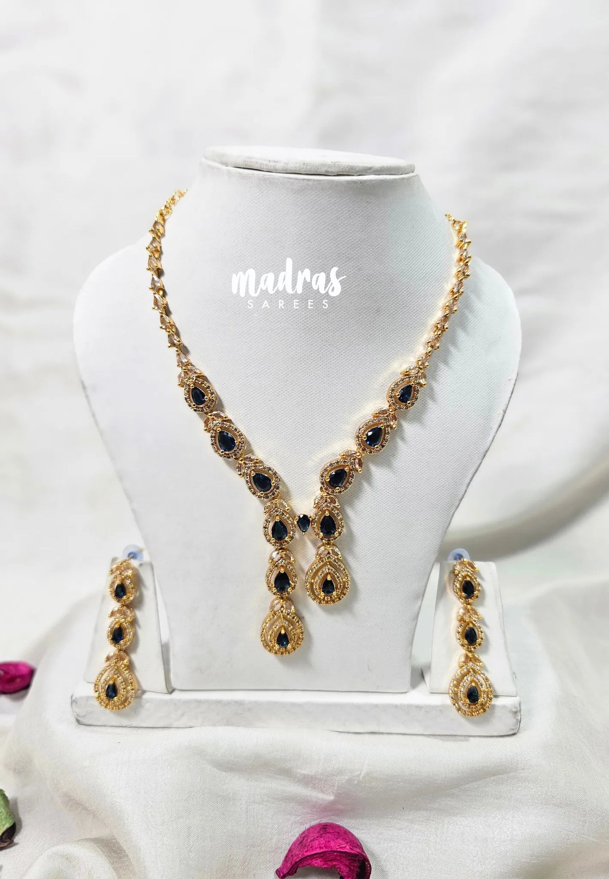 Premium 1 Gram Gold polish AD Stone Trendy Unique Design Midnight Blue Stone Necklace with Earrings