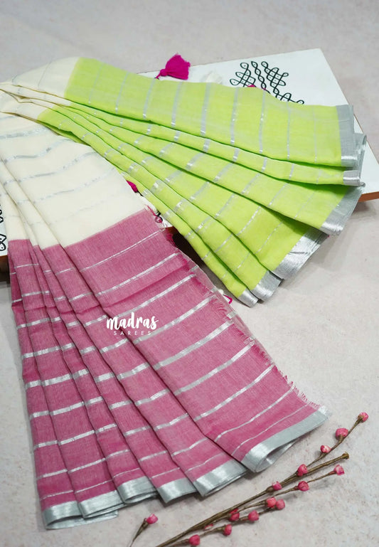 Triple color - 2-in-1 Reversible Mul Cotton Saree with Silver zari