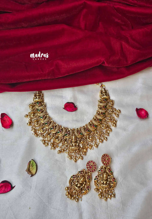 Traditional Lakshmi and mayil bridal Necklace in Matte Finish With Earrings