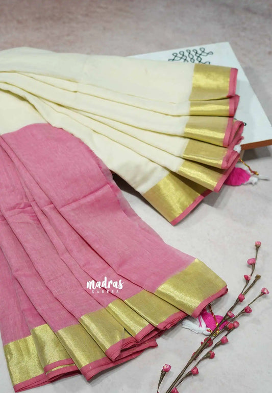 Half white with pink - Blush & Breeze – Reversible Kerala Mul Cotton Saree