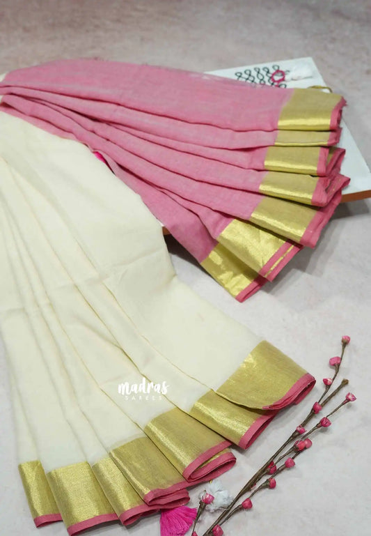 Half white with pink - Blush & Breeze – Reversible Kerala Mul Cotton Saree