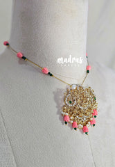 Invisible viral Wire Necklace – Premium Floating Lakshmi Pendant - Peach-Pink Beads