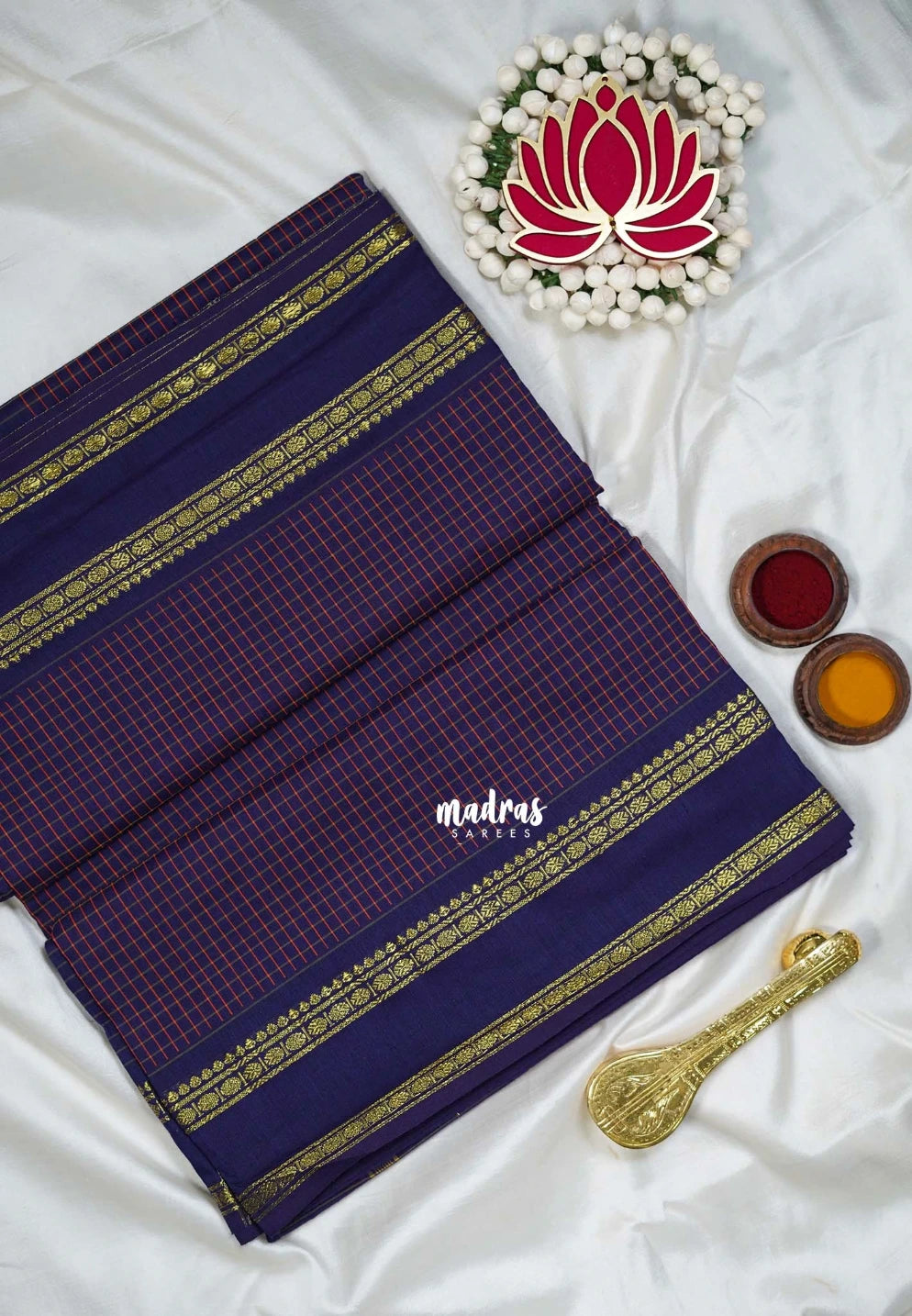 Navy Blue - 9 yards Gadwal Silk Cotton  Madisar Saree with Rettapet Rudraksham Border - Best for Casual Wear