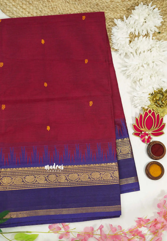 9 yards Classic Kanchi cotton Magenta saree with rettapet border - Madisar saree (8.2 meter)