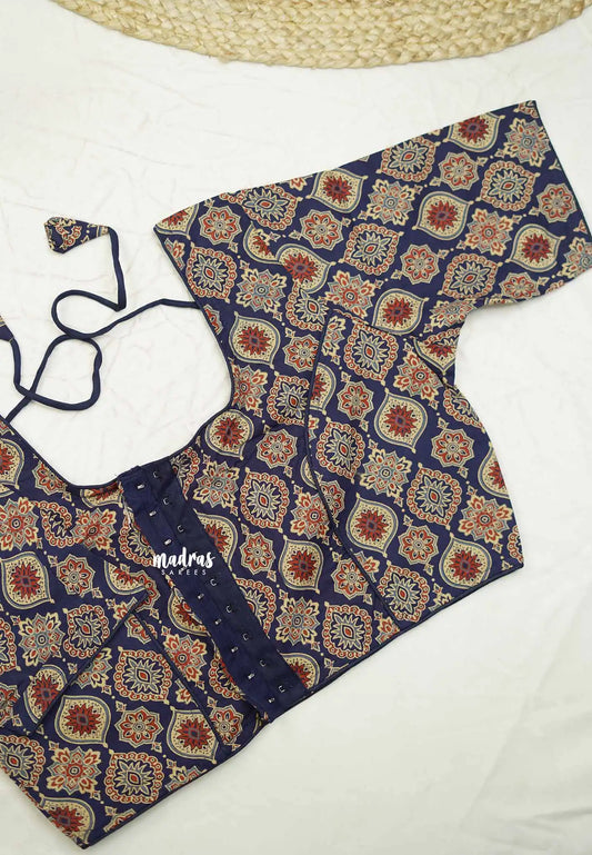 Navy blue Ajrakh print Pure cotton readymade blouse - Aazhi