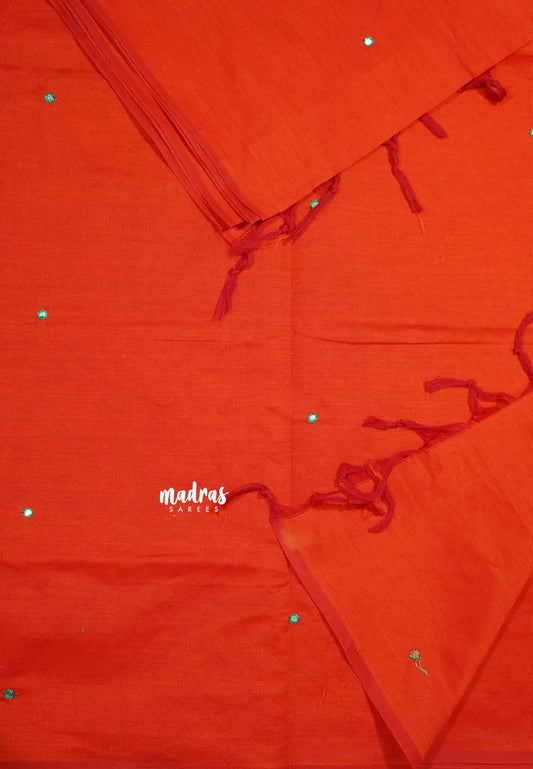 Orange - Ambigai - south cotton with mirror work and raw silk blouse combo