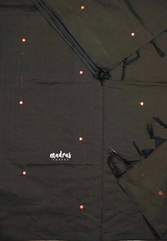 Brown with orange - Ambigai - south cotton with mirror work and raw silk blouse combo