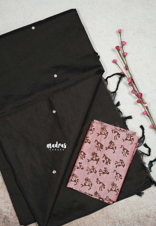 Brown with pink - Ambigai - south cotton with mirror work and raw silk blouse combo