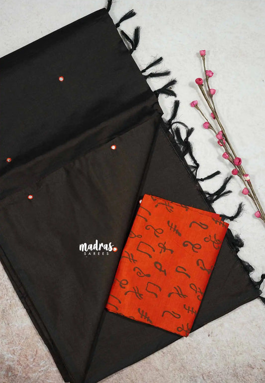 Brown with orange - Ambigai - south cotton with mirror work and raw silk blouse combo