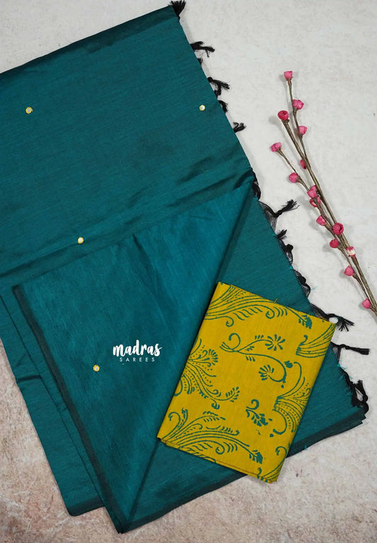 Peacock green - Ambigai - south cotton with mirror work and raw silk blouse combo