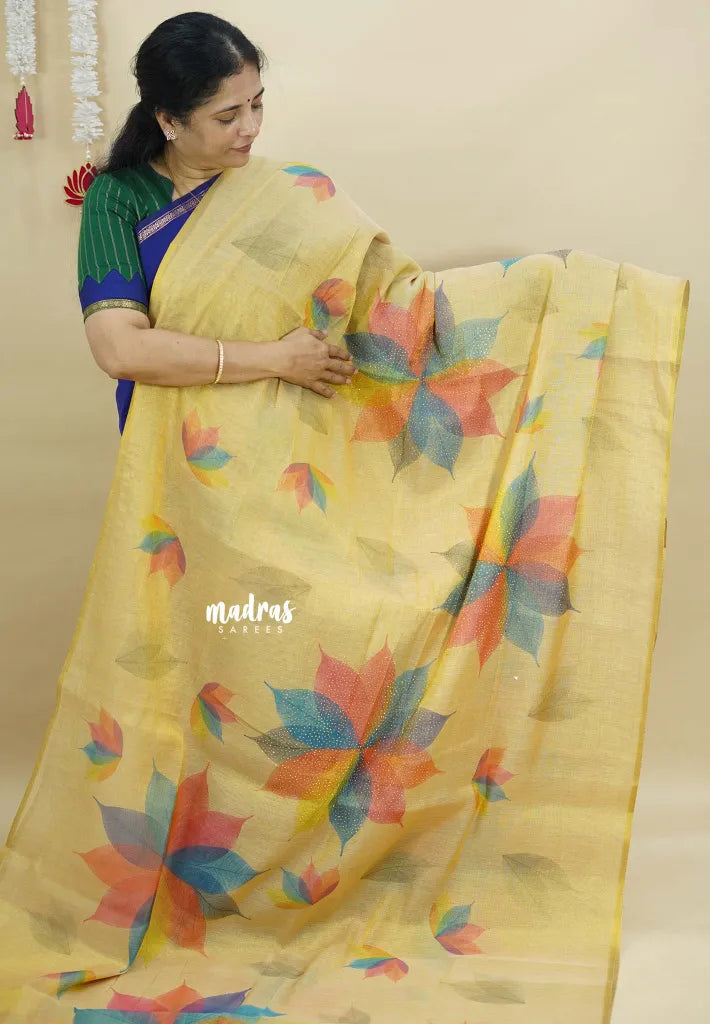 Dual Shade Golden Sandal - ANJALI - Tissue linen with Floral Digital prints
