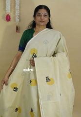 Ivory Cream - Aathini - Tamizh Words Handblock Printed Bamboo Cotton Double Blouse Combo