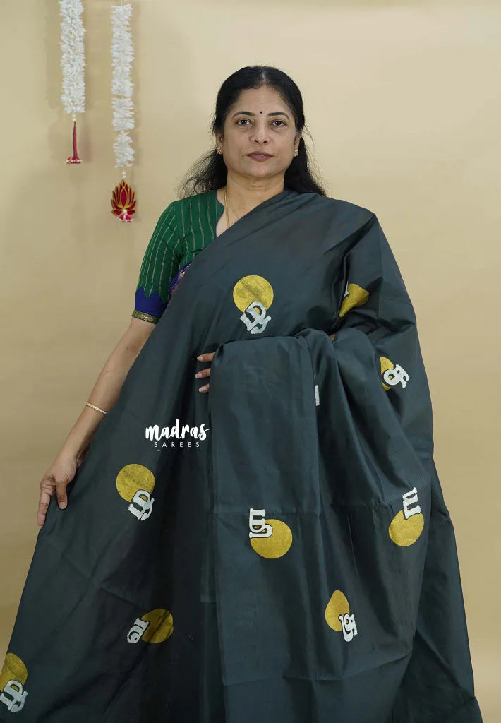 Charcoal Grey - Aathini - Tamizh Words Handblock Printed Bamboo Cotton Double Blouse Combo
