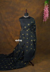 Deep Black - Aathini - Tamizh Letters Handblock Printed Bamboo Cotton Double Blouse Combo