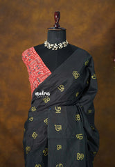 Deep Black - Aathini - Tamizh Letters Handblock Printed Bamboo Cotton Double Blouse Combo