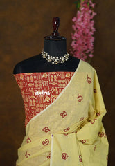 Butter Yellow - Aathini - Telugu Letters Handblock Printed Bamboo Cotton Double Blouse Combo