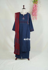 Indigo Blue – Aavani - Pre-Washed Handspun Cotton Ready-Made Floral Embroidery and Cutwork Details 3pcs set for Women – Perfect for Office & Everyday Wear