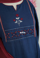 Indigo Blue – Aavani - Pre-Washed Handspun Cotton Ready-Made Floral Embroidery and Cutwork Details 3pcs set for Women – Perfect for Office & Everyday Wear