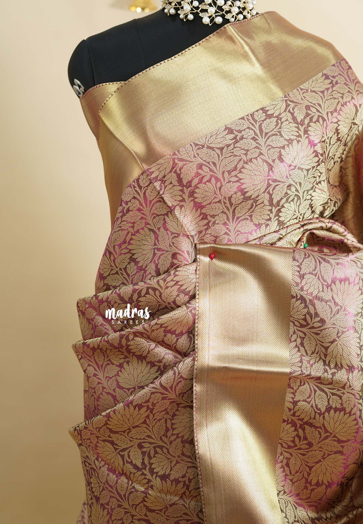 Gold with Pink shade - Ahaana -  Nita Ambani inspired semi silk with floral emboss weaving body